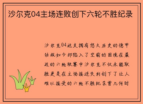 沙尔克04主场连败创下六轮不胜纪录
