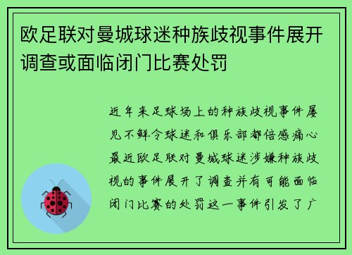 欧足联对曼城球迷种族歧视事件展开调查或面临闭门比赛处罚