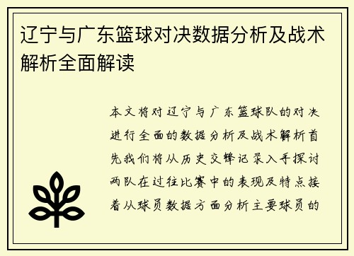 辽宁与广东篮球对决数据分析及战术解析全面解读