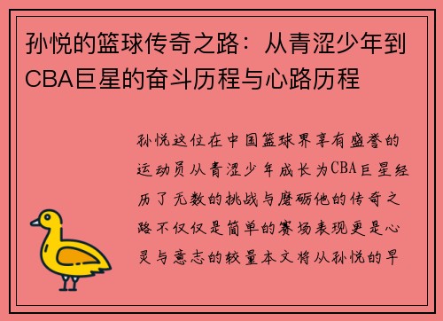 孙悦的篮球传奇之路：从青涩少年到CBA巨星的奋斗历程与心路历程
