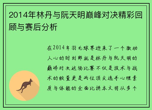 2014年林丹与阮天明巅峰对决精彩回顾与赛后分析
