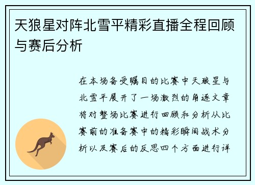 天狼星对阵北雪平精彩直播全程回顾与赛后分析