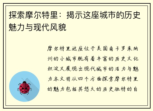 探索摩尔特里：揭示这座城市的历史魅力与现代风貌