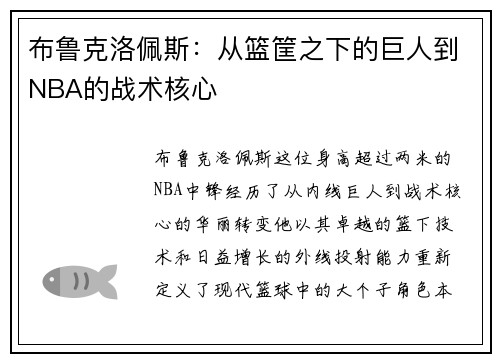 布鲁克洛佩斯：从篮筐之下的巨人到NBA的战术核心