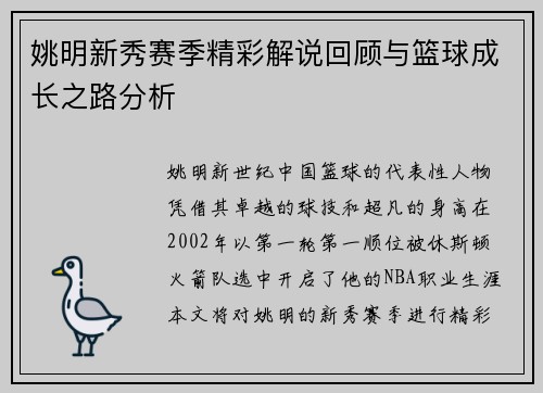 姚明新秀赛季精彩解说回顾与篮球成长之路分析