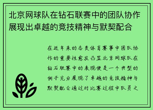 北京网球队在钻石联赛中的团队协作展现出卓越的竞技精神与默契配合