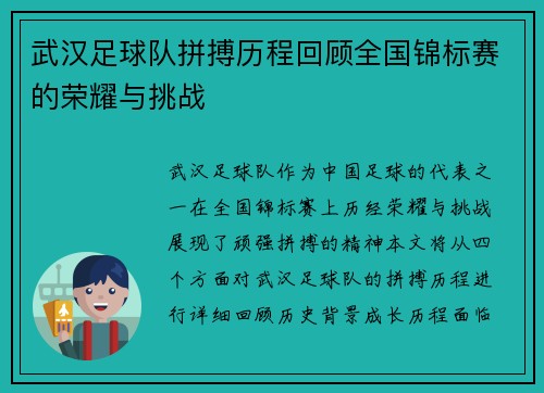 武汉足球队拼搏历程回顾全国锦标赛的荣耀与挑战