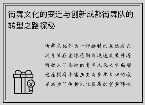 街舞文化的变迁与创新成都街舞队的转型之路探秘