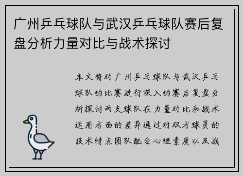 广州乒乓球队与武汉乒乓球队赛后复盘分析力量对比与战术探讨