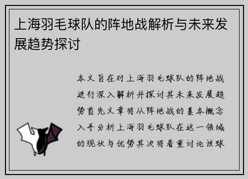 上海羽毛球队的阵地战解析与未来发展趋势探讨